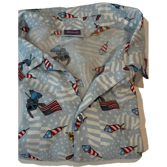 Other - Disney Lilo & Stitch Patriotic Hawaiian Shirt XXL Rayon Blue Flags Fireworks